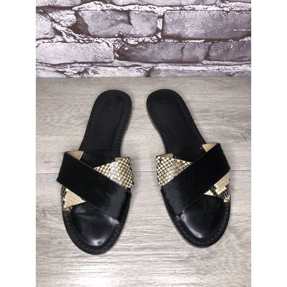 Amanu Black Calf Hair Leather Python Cross Strap Slides Sandals Women 9M US/40EU - Picture 10 of 16